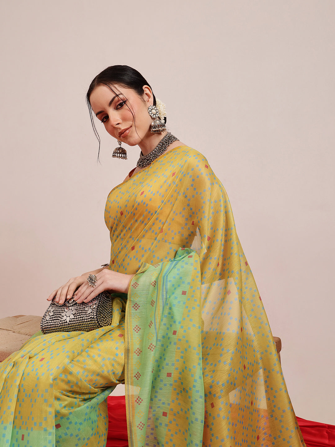Hiral Fashion Olive Chanderi Cotton Blend Geomatric Digital Printed Saree | Swadesiicart