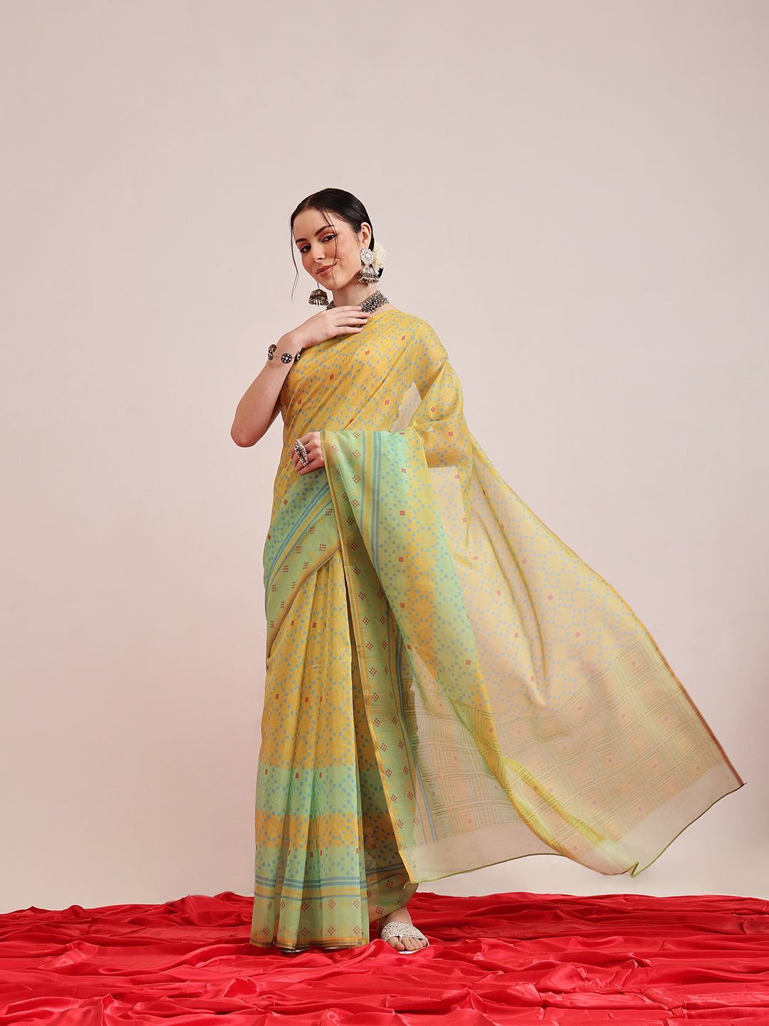 Hiral Fashion Olive Chanderi Cotton Blend Geomatric Digital Printed Saree | Swadesiicart