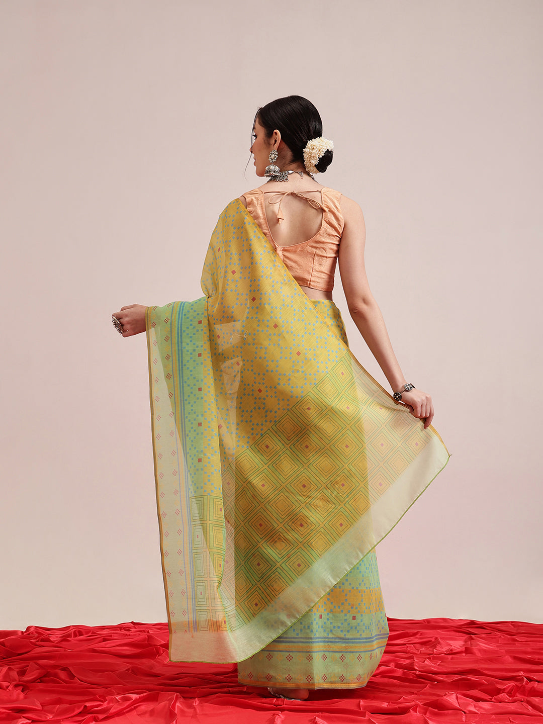 Hiral Fashion Olive Chanderi Cotton Blend Geomatric Digital Printed Saree | Swadesiicart