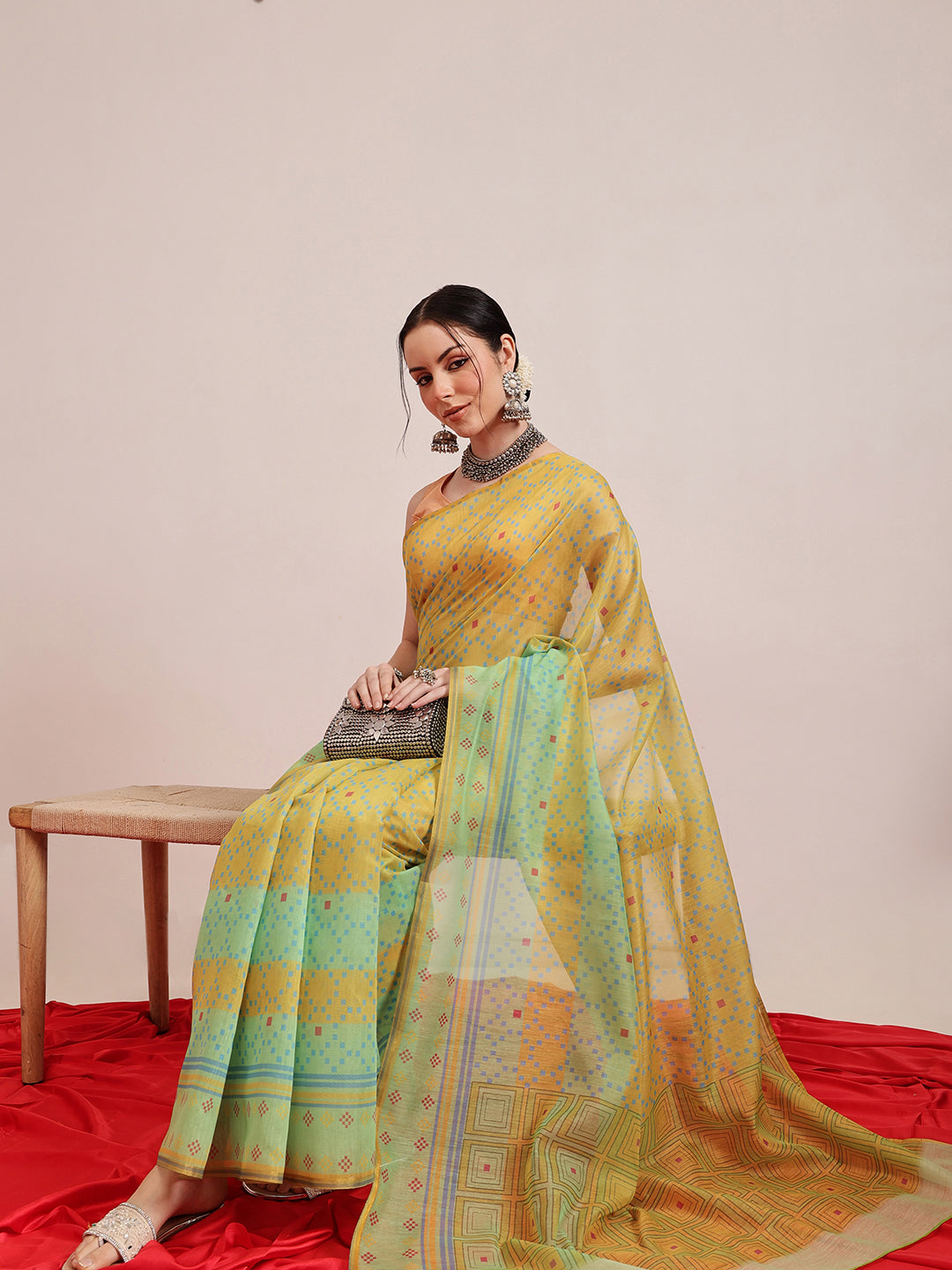 Hiral Fashion Olive Chanderi Cotton Blend Geomatric Digital Printed Saree | Swadesiicart