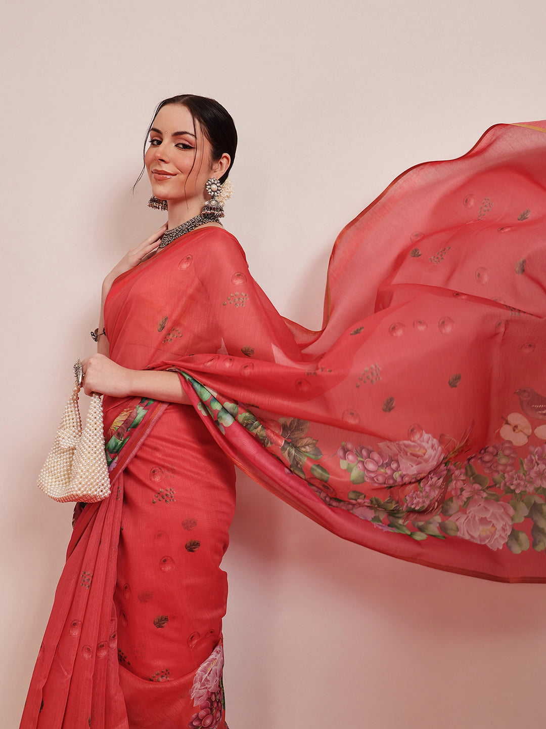 Hiral Fashion Red Chanderi Cotton Blend Fruits Digital Printed Saree | Swadesiicart