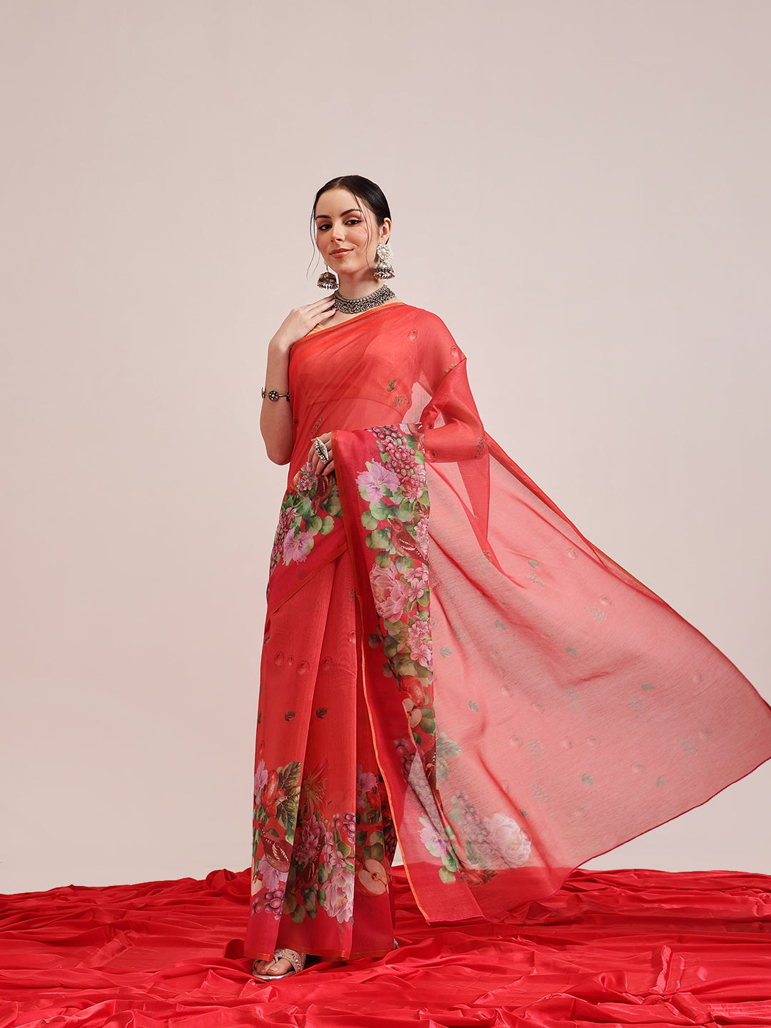 Hiral Fashion Red Chanderi Cotton Blend Fruits Digital Printed Saree | Swadesiicart