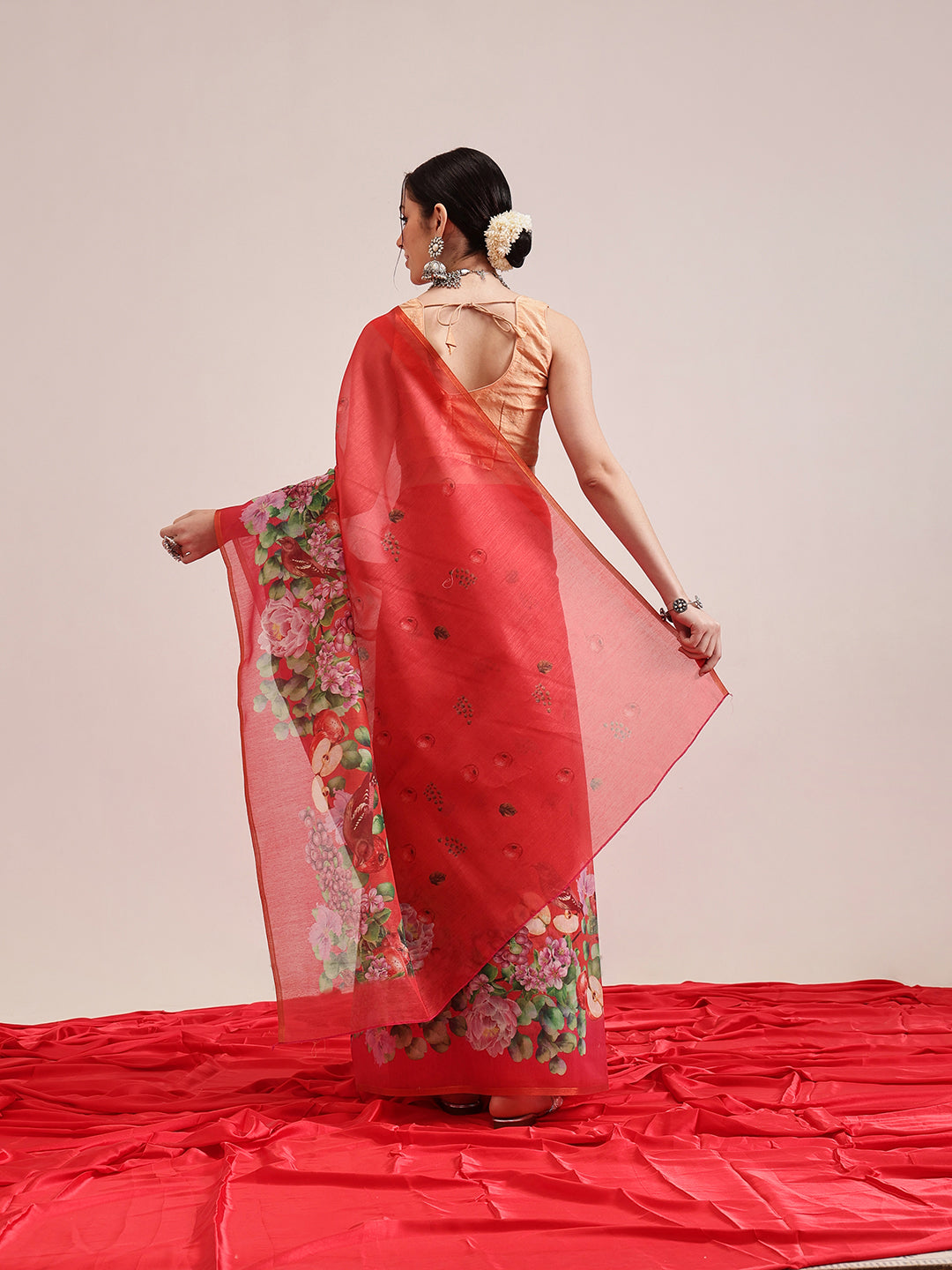 Hiral Fashion Red Chanderi Cotton Blend Fruits Digital Printed Saree | Swadesiicart