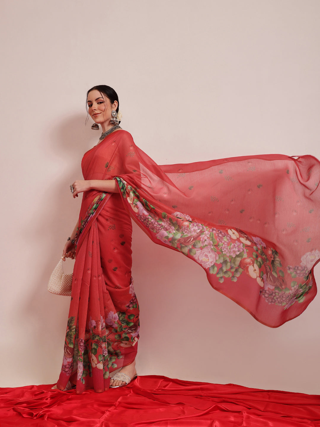 Hiral Fashion Red Chanderi Cotton Blend Fruits Digital Printed Saree | Swadesiicart