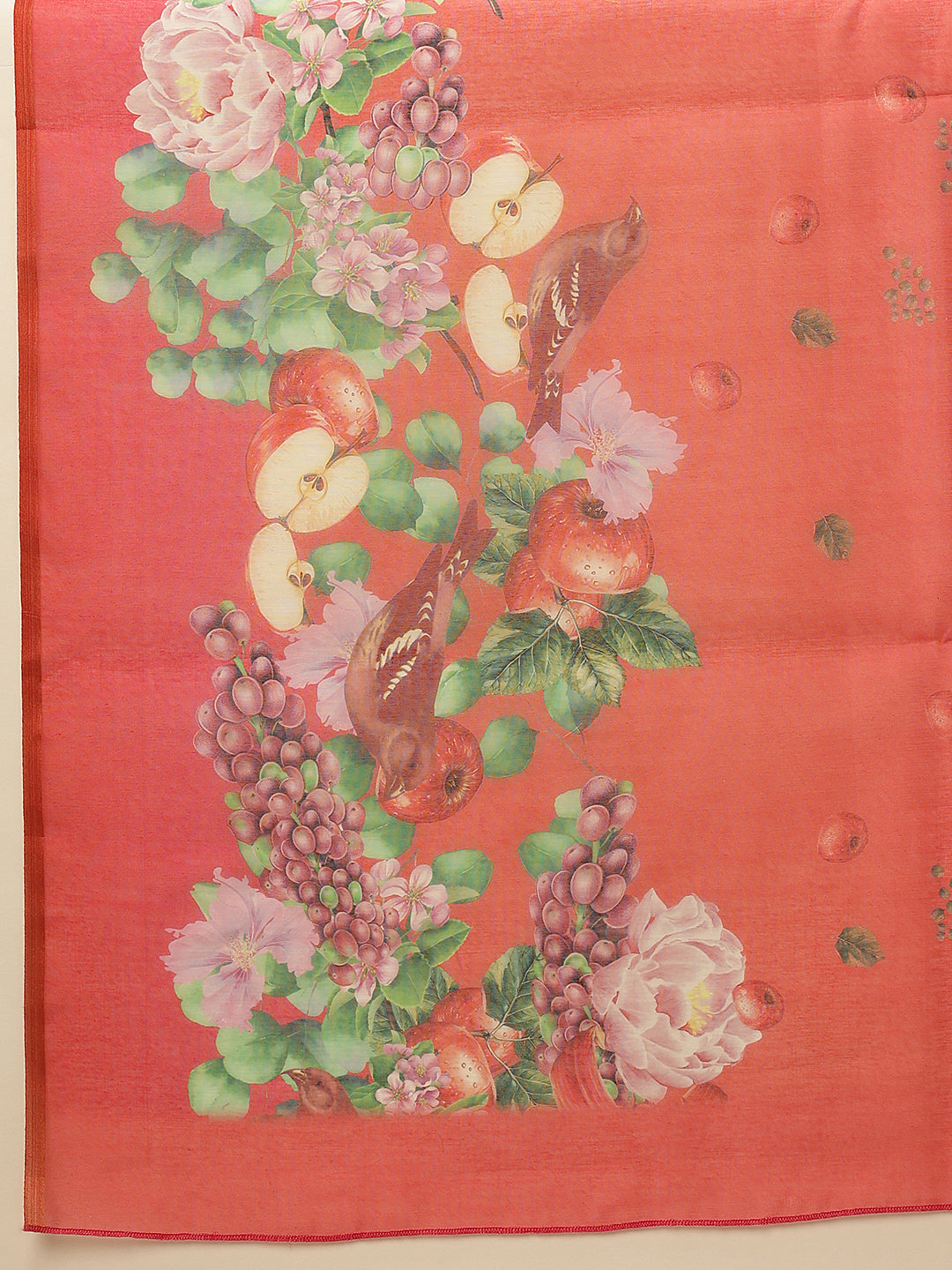 Hiral Fashion Red Chanderi Cotton Blend Fruits Digital Printed Saree | Swadesiicart