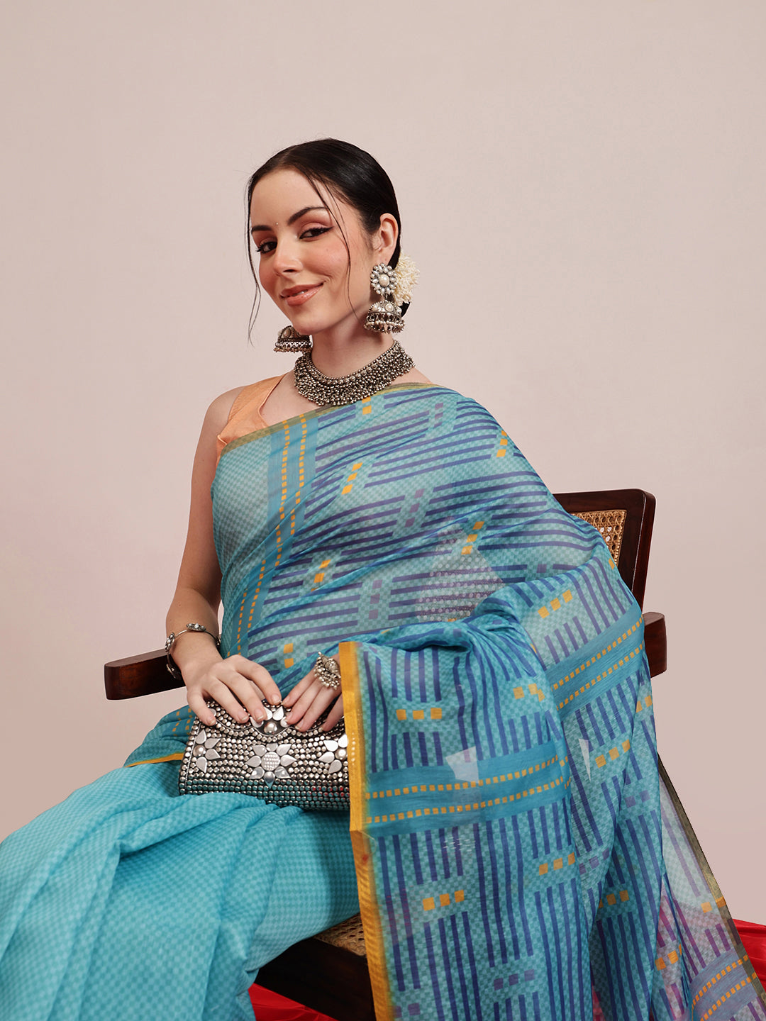 Hiral Fashion Teal Chanderi Cotton Blend Abstract Digital Printed Saree | Swadesiicart