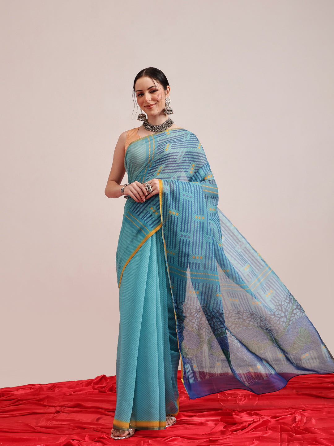 Hiral Fashion Teal Chanderi Cotton Blend Abstract Digital Printed Saree | Swadesiicart