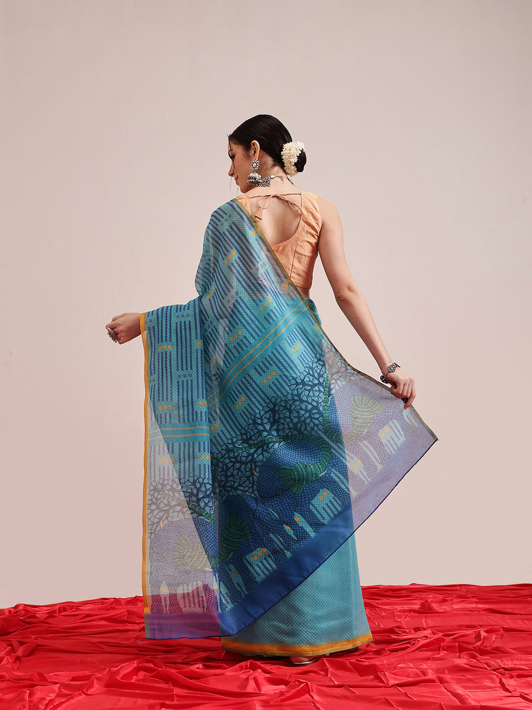 Hiral Fashion Teal Chanderi Cotton Blend Abstract Digital Printed Saree | Swadesiicart