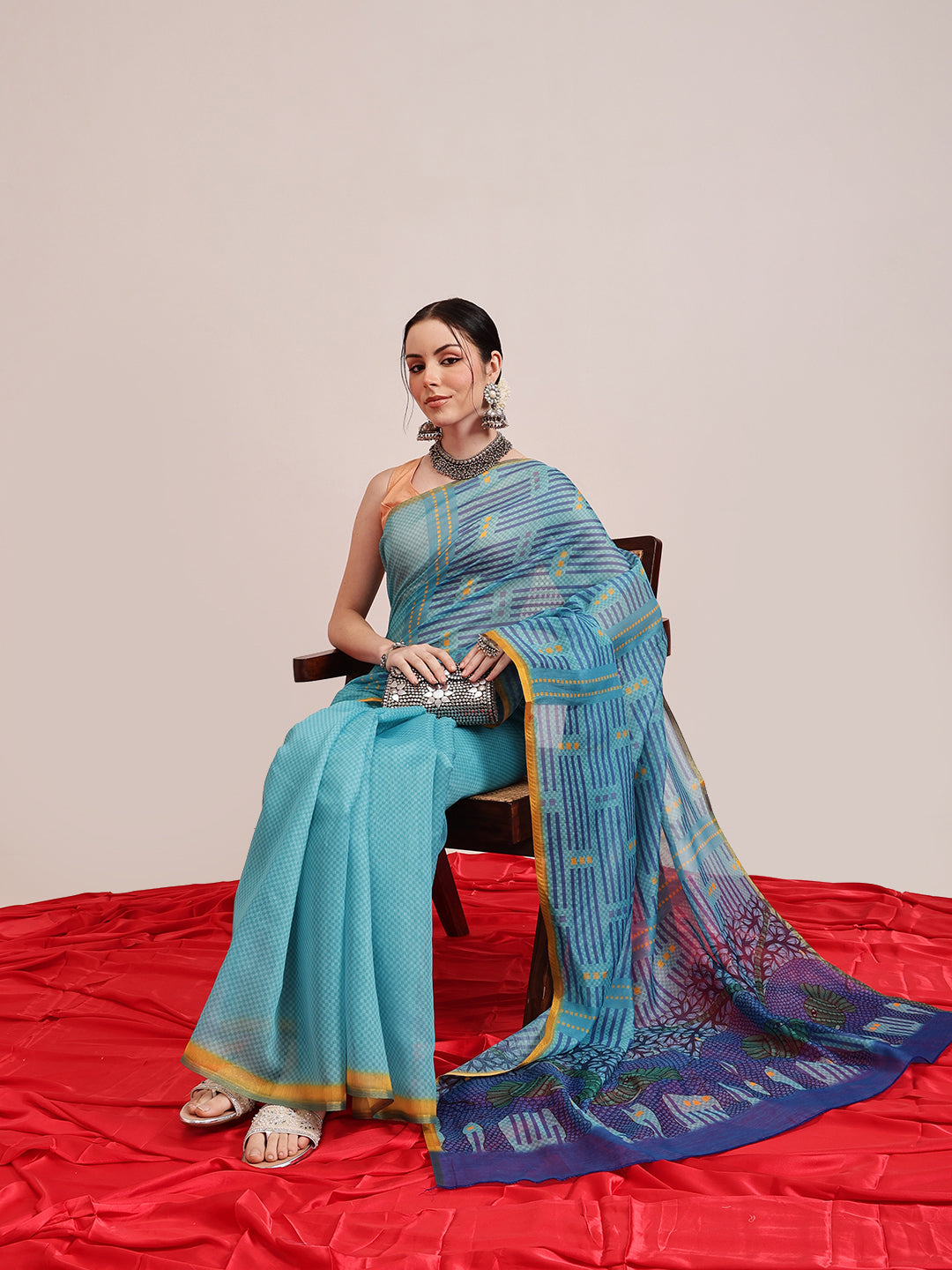 Hiral Fashion Teal Chanderi Cotton Blend Abstract Digital Printed Saree | Swadesiicart