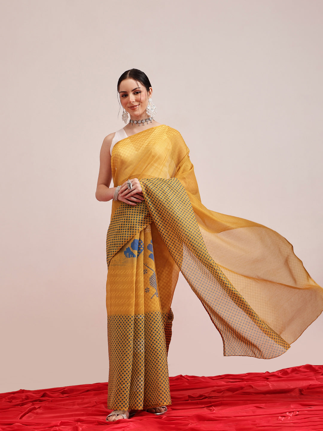 Hiral Fashion Yellow Chanderi Cotton Blend Abstract Digital Printed Saree | Swadesiicart