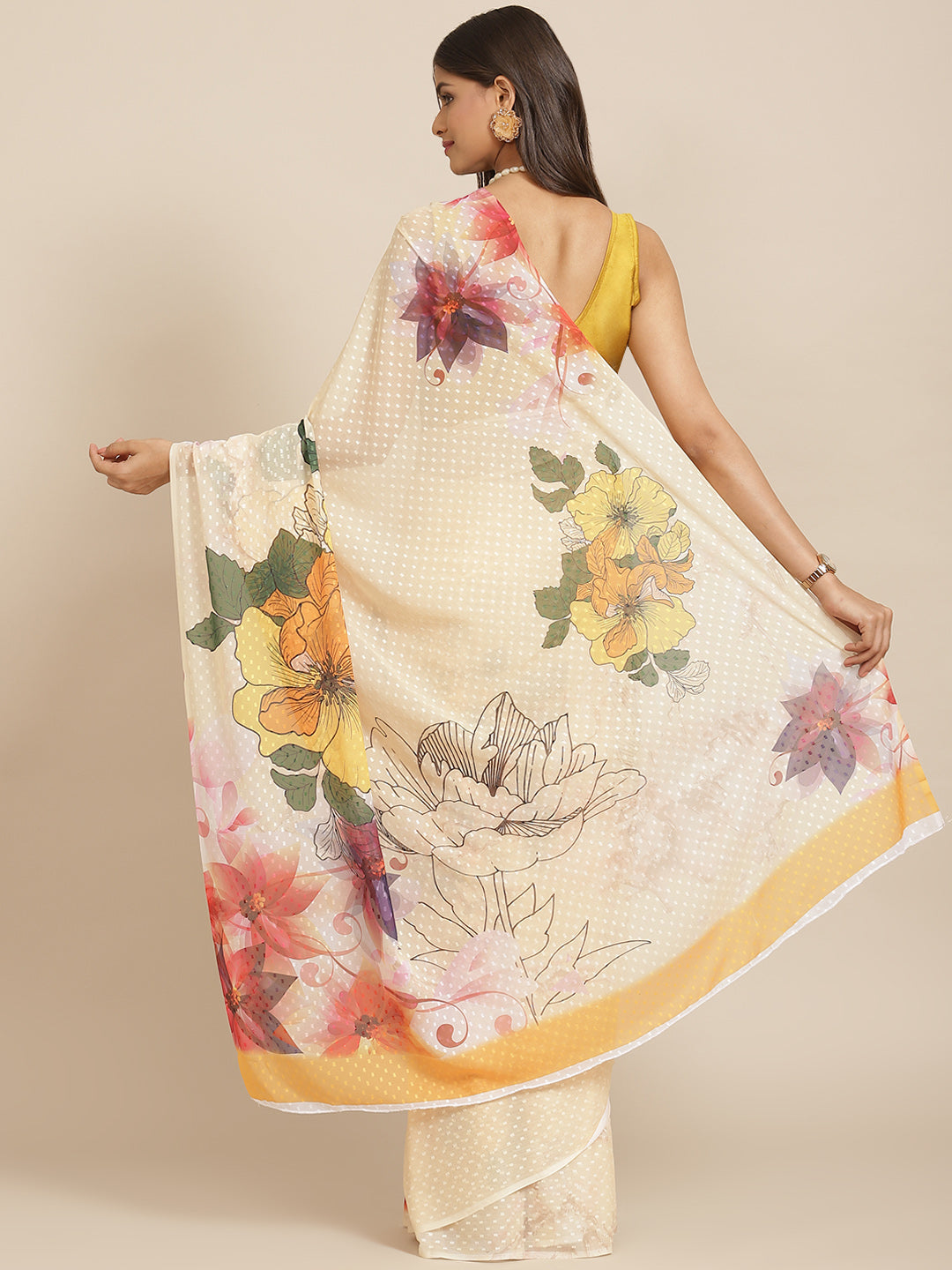 Hiral Fashion Cream Bollywood Chiffon Floral Digital Printed Saree | Swadesiicart