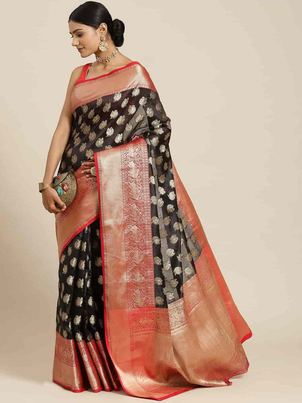 Black Pure Silk Woven Zari Design Animal Saree with Unstitched Blouse - Hiral Fashion | Swadesiicart