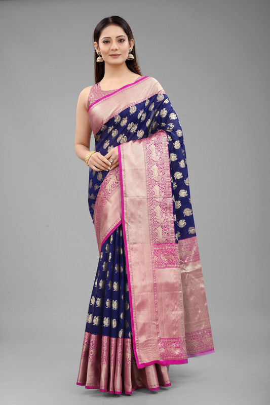 Blue Pure Silk Woven Zari Design Animal Saree with Unstitched Blouse - Hiral Fashion | Swadesiicart