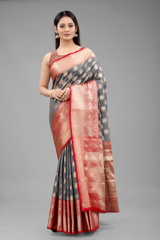 Gray Pure Silk Woven Zari Design Animal Saree with Unstitched Blouse - Hiral Fashion | Swadesiicart