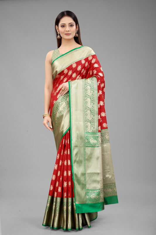 Red Pure Silk Woven Zari Design Animal Saree with Unstitched Blouse - Hiral Fashion | Swadesiicart