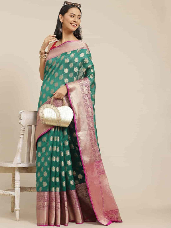 Turquoise Pure Silk Woven Zari Design Animal Saree with Unstitched Blouse - Hiral Fashion | Swadesiicart