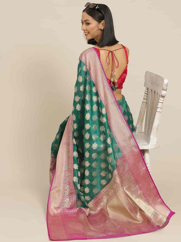 Turquoise Pure Silk Woven Zari Design Animal Saree with Unstitched Blouse - Hiral Fashion | Swadesiicart