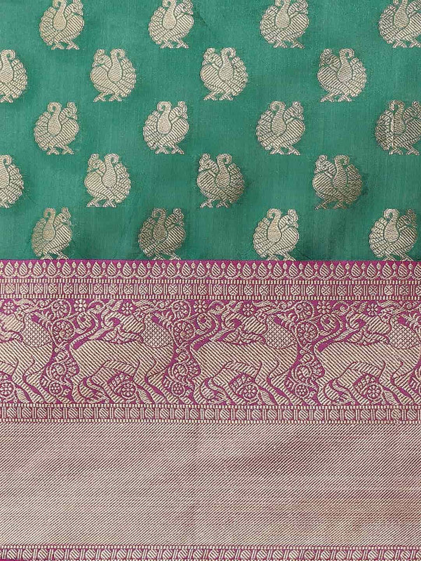 Turquoise Pure Silk Woven Zari Design Animal Saree with Unstitched Blouse - Hiral Fashion | Swadesiicart