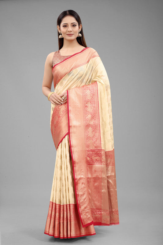 White Pure Silk Woven Zari Design Animal Saree with Unstitched Blouse - Hiral Fashion | Swadesiicart