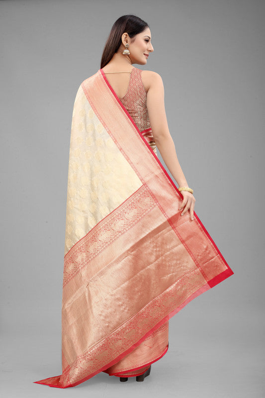 White Pure Silk Woven Zari Design Animal Saree with Unstitched Blouse - Hiral Fashion | Swadesiicart