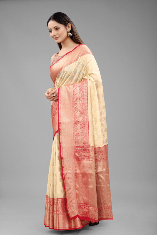 White Pure Silk Woven Zari Design Animal Saree with Unstitched Blouse - Hiral Fashion | Swadesiicart