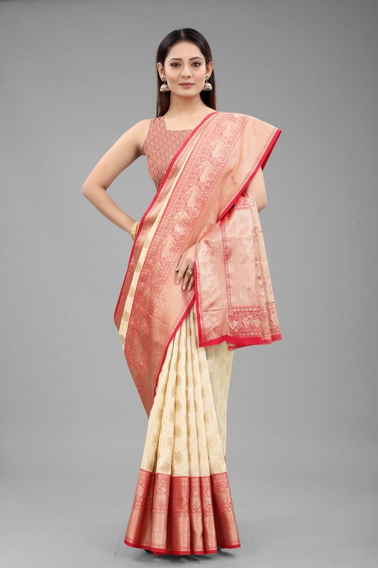 White Pure Silk Woven Zari Design Animal Saree with Unstitched Blouse - Hiral Fashion | Swadesiicart