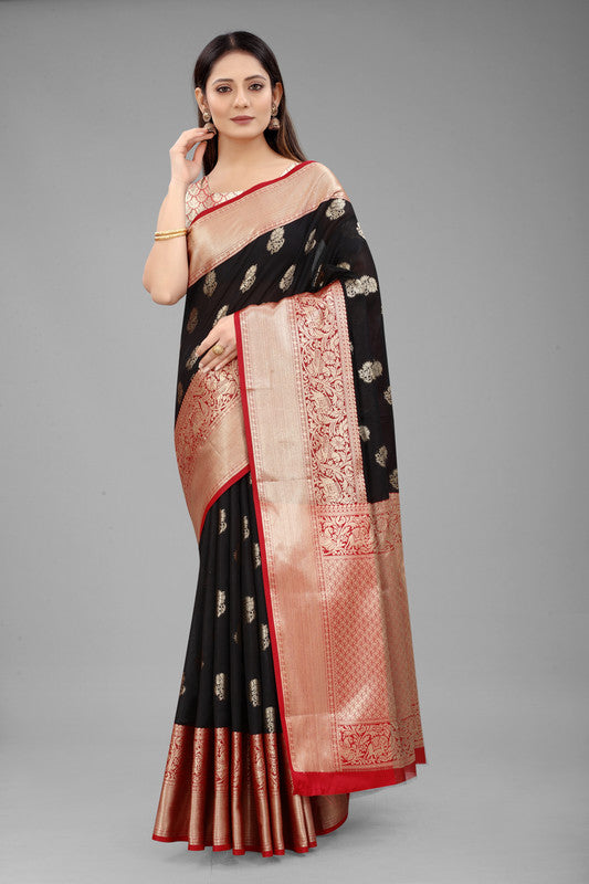 Black Pure Silk Woven Zari Design Floral Saree with Unstitched Blouse - Hiral Fashion | Swadesiicart