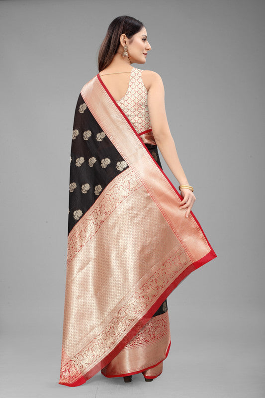 Black Pure Silk Woven Zari Design Floral Saree with Unstitched Blouse - Hiral Fashion | Swadesiicart
