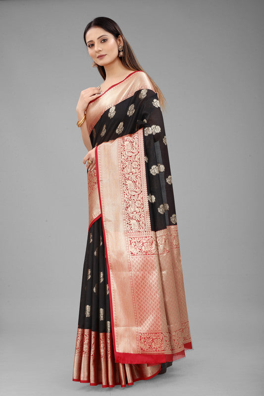 Black Pure Silk Woven Zari Design Floral Saree with Unstitched Blouse - Hiral Fashion | Swadesiicart