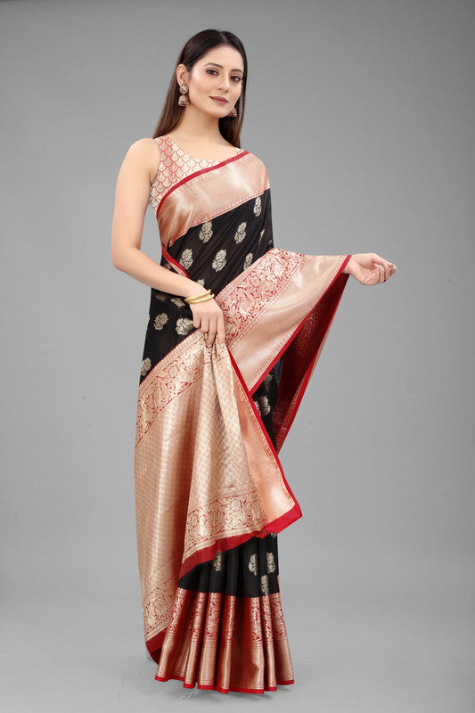 Black Pure Silk Woven Zari Design Floral Saree with Unstitched Blouse - Hiral Fashion | Swadesiicart