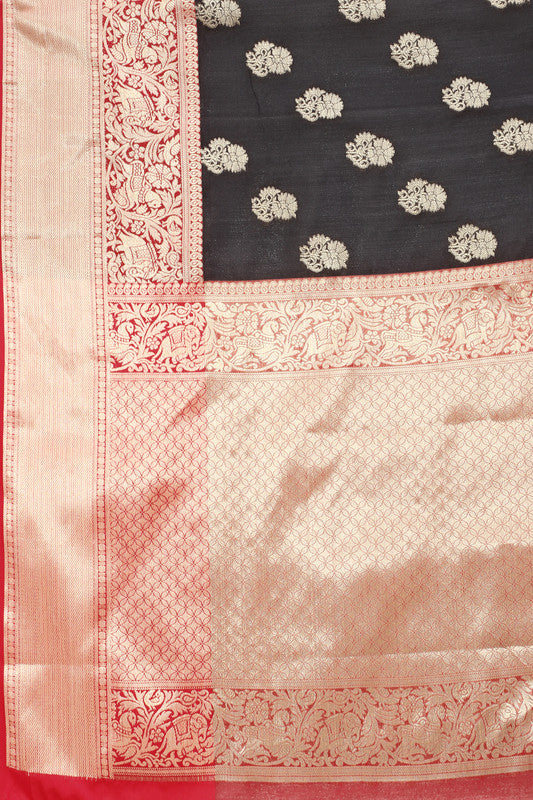 Black Pure Silk Woven Zari Design Floral Saree with Unstitched Blouse - Hiral Fashion | Swadesiicart