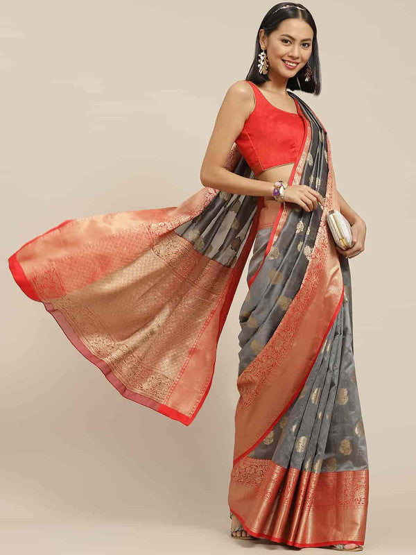 Gray Pure Silk Woven Zari Design Floral Saree with Unstitched Blouse - Hiral Fashion | Swadesiicart