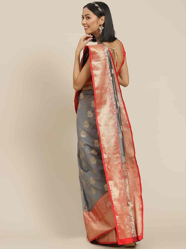 Gray Pure Silk Woven Zari Design Floral Saree with Unstitched Blouse - Hiral Fashion | Swadesiicart