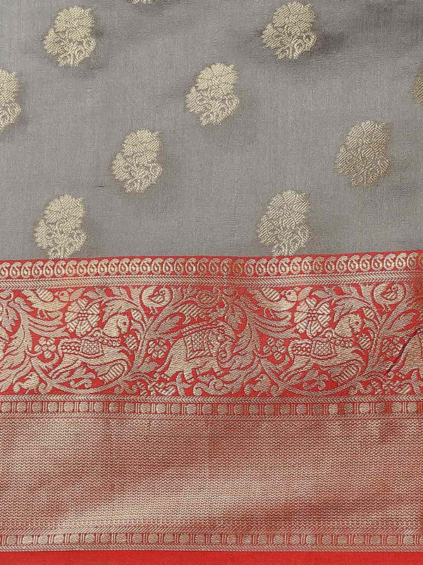 Gray Pure Silk Woven Zari Design Floral Saree with Unstitched Blouse - Hiral Fashion | Swadesiicart