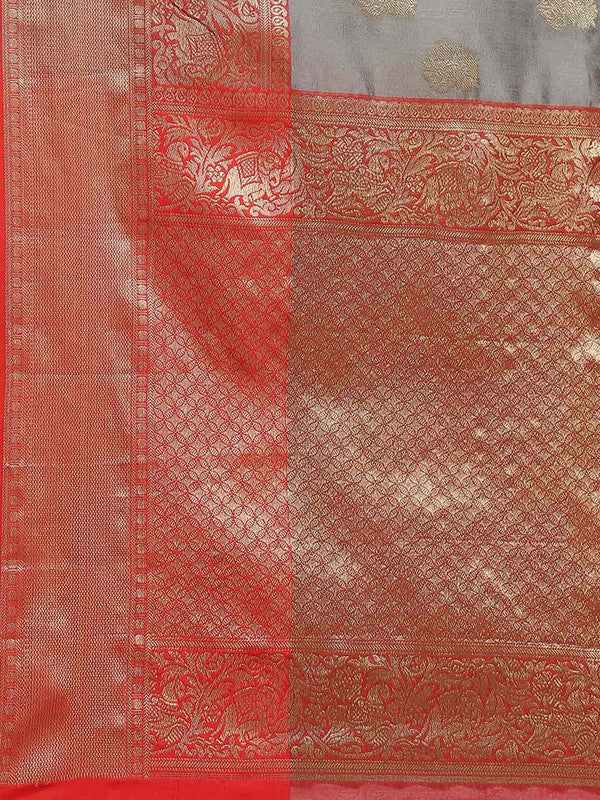 Gray Pure Silk Woven Zari Design Floral Saree with Unstitched Blouse - Hiral Fashion | Swadesiicart