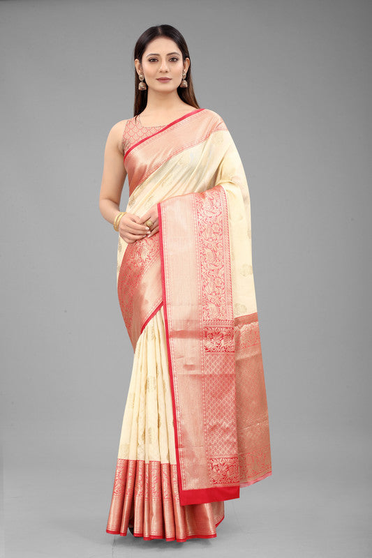 White Pure Silk Woven Zari Design Floral Saree with Unstitched Blouse - Hiral Fashion | Swadesiicart