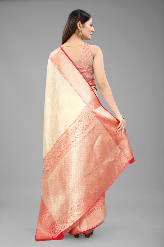 White Pure Silk Woven Zari Design Floral Saree with Unstitched Blouse - Hiral Fashion | Swadesiicart