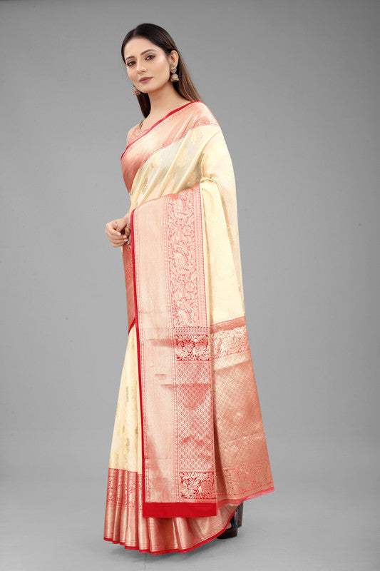 White Pure Silk Woven Zari Design Floral Saree with Unstitched Blouse - Hiral Fashion | Swadesiicart