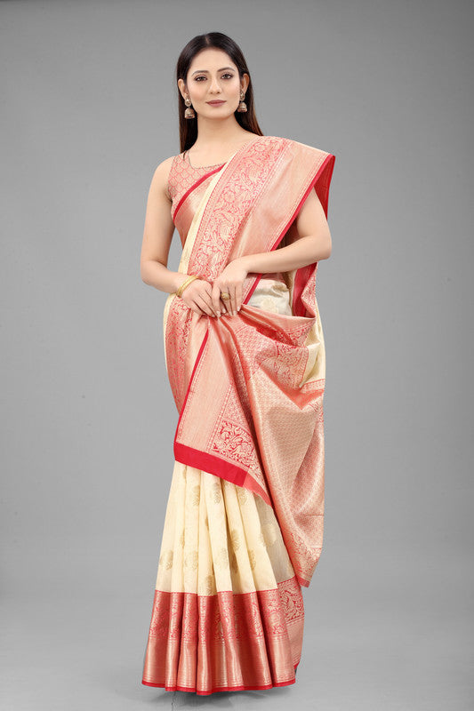 White Pure Silk Woven Zari Design Floral Saree with Unstitched Blouse - Hiral Fashion | Swadesiicart
