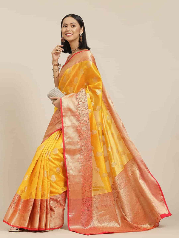 Yellow Pure Silk Woven Zari Design Floral Saree with Unstitched Blouse - Hiral Fashion | Swadesiicart