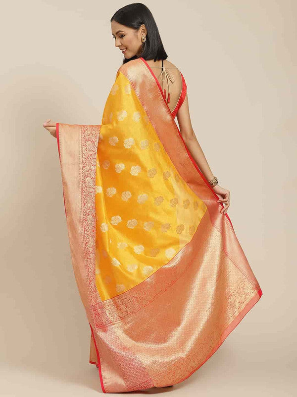 Yellow Pure Silk Woven Zari Design Floral Saree with Unstitched Blouse - Hiral Fashion | Swadesiicart