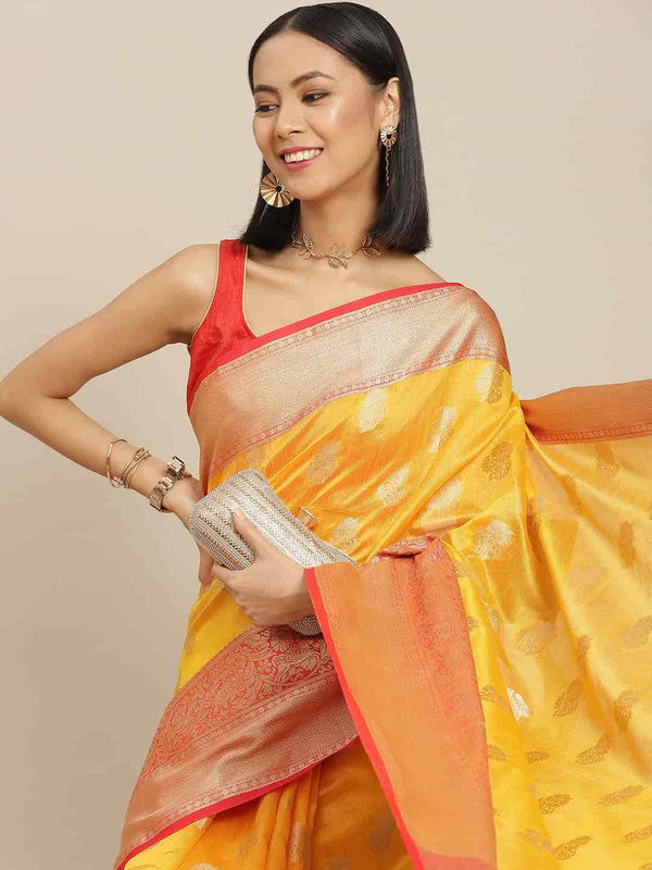 Yellow Pure Silk Woven Zari Design Floral Saree with Unstitched Blouse - Hiral Fashion | Swadesiicart
