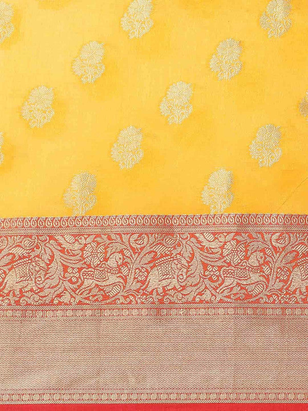 Yellow Pure Silk Woven Zari Design Floral Saree with Unstitched Blouse - Hiral Fashion | Swadesiicart