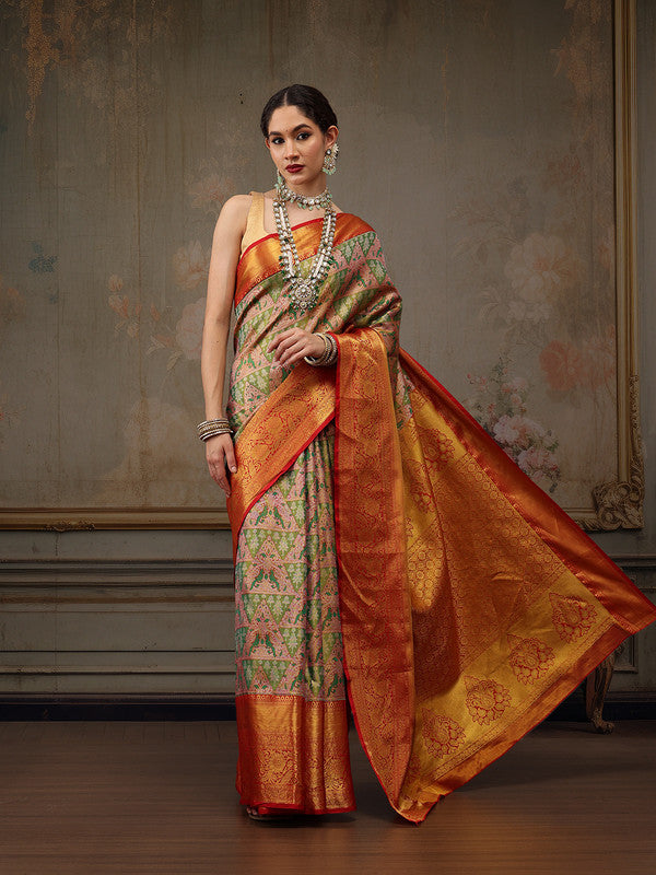 Green Pure Silk Woven Zari Design Geomatric Saree with Unstitched Blouse - Hiral Fashion | Swadesiicart