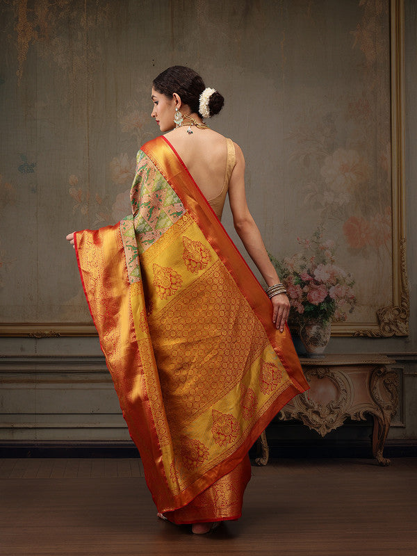 Green Pure Silk Woven Zari Design Geomatric Saree with Unstitched Blouse - Hiral Fashion | Swadesiicart