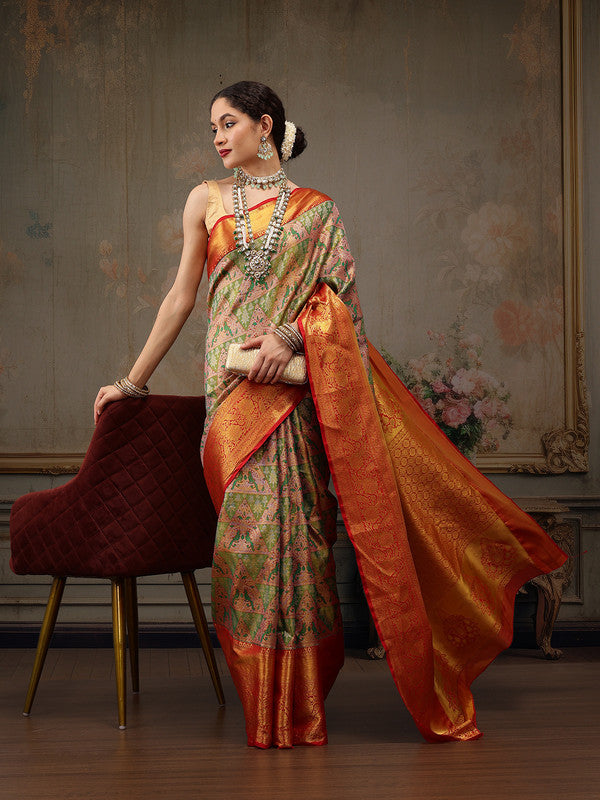 Green Pure Silk Woven Zari Design Geomatric Saree with Unstitched Blouse - Hiral Fashion | Swadesiicart
