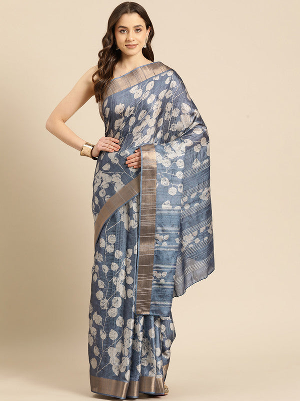 Blue Silk Blend Digital Print Floral Saree with Unstitched Blouse - Hiral Fashion | Swadesiicart