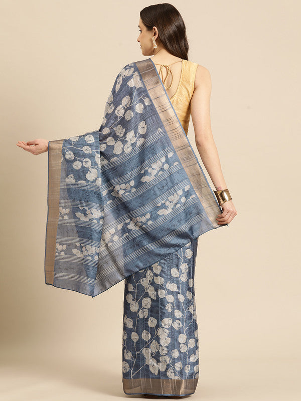 Blue Silk Blend Digital Print Floral Saree with Unstitched Blouse - Hiral Fashion | Swadesiicart