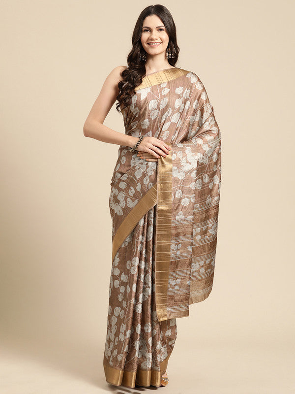 Brown Silk Blend Digital Print Floral Saree with Unstitched Blouse - Hiral Fashion | Swadesiicart