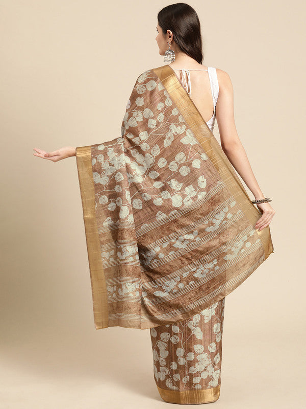 Brown Silk Blend Digital Print Floral Saree with Unstitched Blouse - Hiral Fashion | Swadesiicart